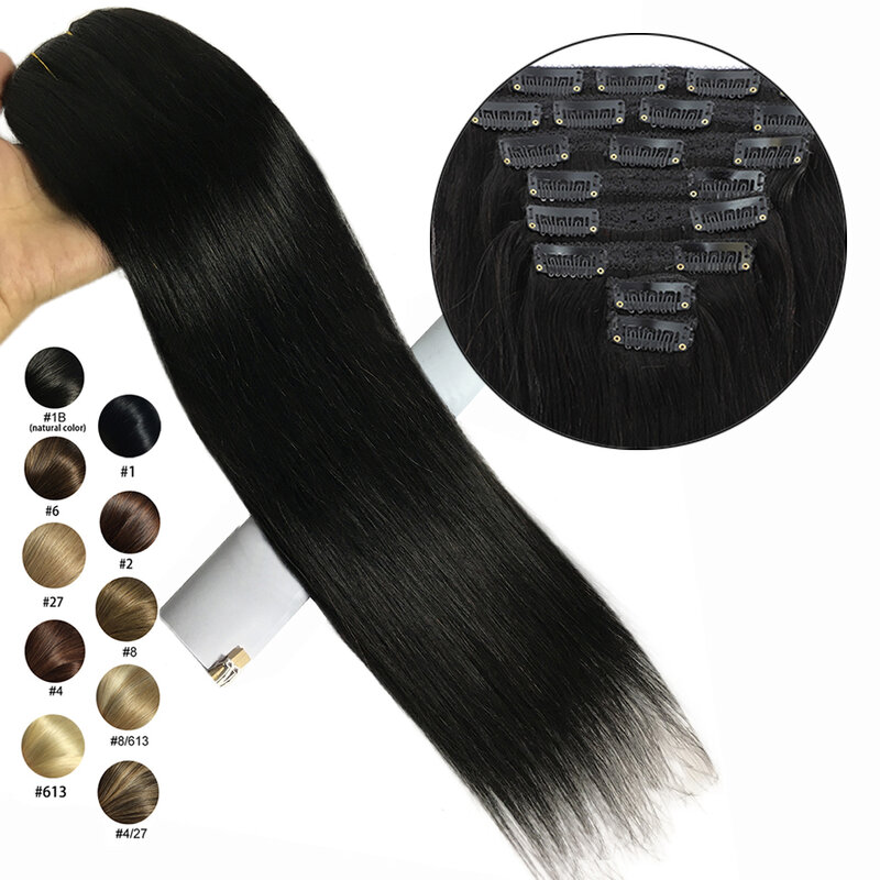 Прямые накладные волосы на заколке, человеческие волосы, бразильские волосы на заколке 8 шт./компл., натуральные черные волосы на заколке, 10-26 дюймов, 120 г, волосы без повреждений