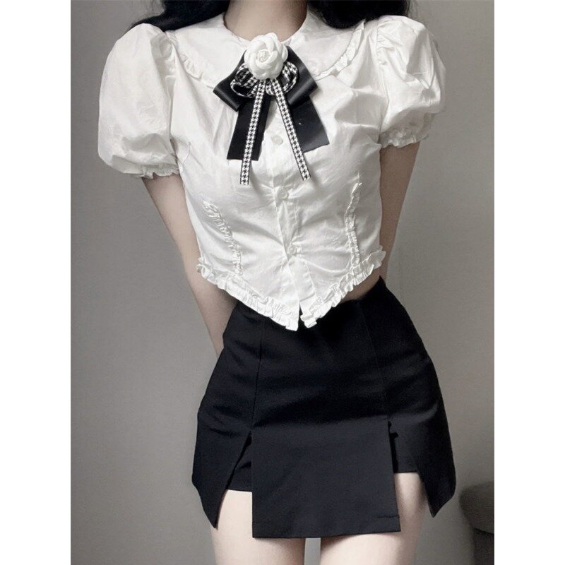 QWEEK Biała Koszula z Krótkim Rękawem Lolita Kobieta Y2k Vintage Eleganckie Bluzki Preppy Letni Koreański Styl Młodzieżowy Szyk Estetyczny 2024