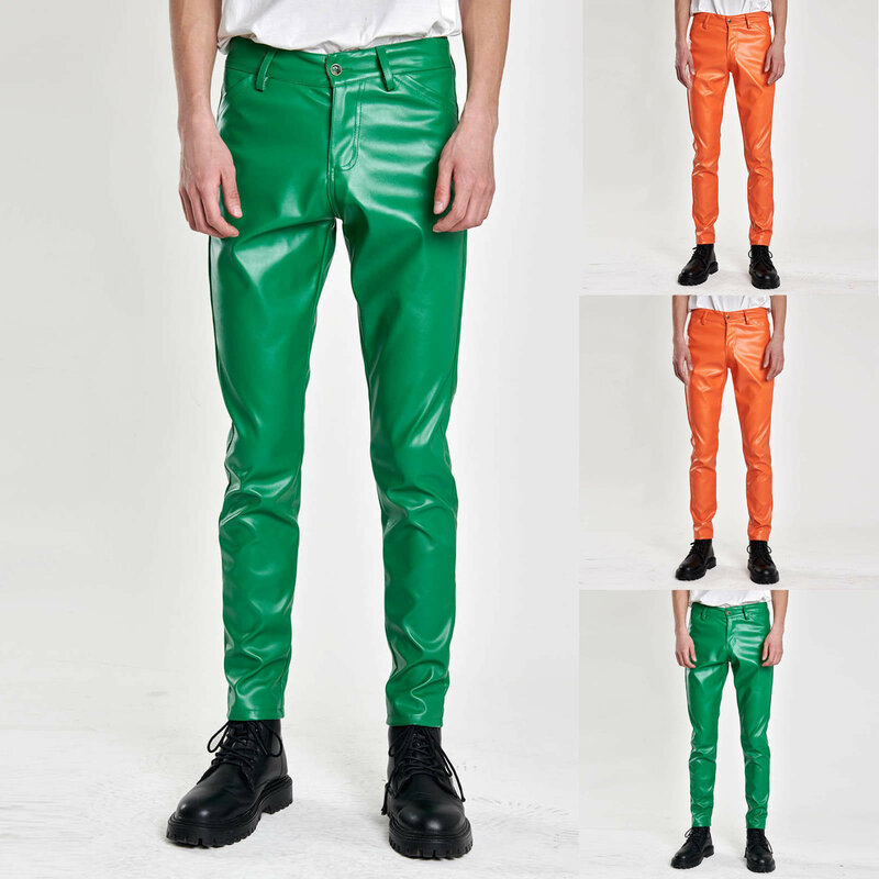 Pantaloni in pelle da motociclista verde brillante pantaloni da uomo Slim elasticizzati in PU rosso blu nero grigio pantaloni da uomo Plus Size pantaloni in pelle
