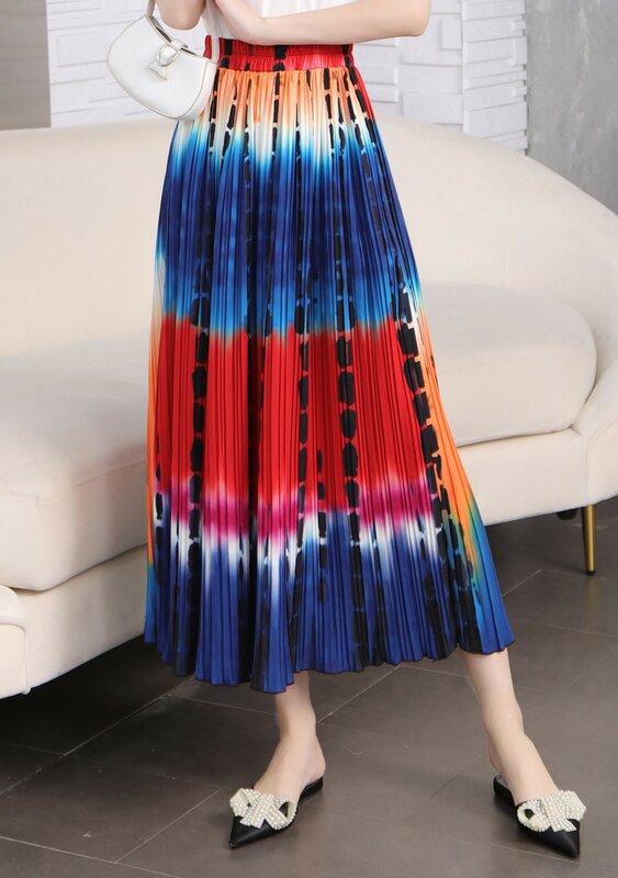 Nighpha Summer Skirts for Women Vintage Print Pleated Skirt Elastic High Waist Casual Midi Long Skirt