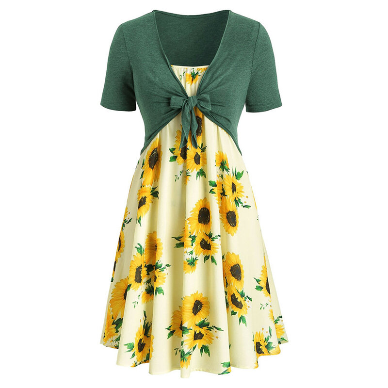 Gaun untuk wanita 2024 ukuran besar lengan pendek atasan balutan simpul kupu-kupu gaun Mini cetak bunga matahari setelan gaun jubah wanita seksi