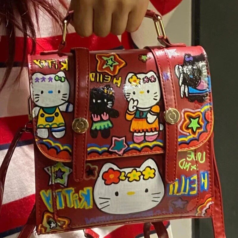 Sanrio-mochila con grafiti de Hello Kitty para mujer, bolso de hombro de estilo japonés Y2k, rojo, cuadrado, de dibujos animados