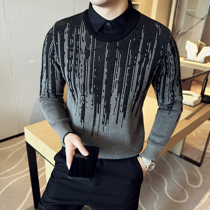 New Winter Thickened Sweater Men Jacquard Fake Two Thermal Men Clothes Knitted Color-matching Slim Fit Pullover Homme Male 2023