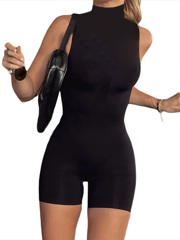 Baju monyet musim panas wanita, jumpsuit bodysuit warna polos kasual tanpa lengan elastis leher kura-kura seksi Slim Fit