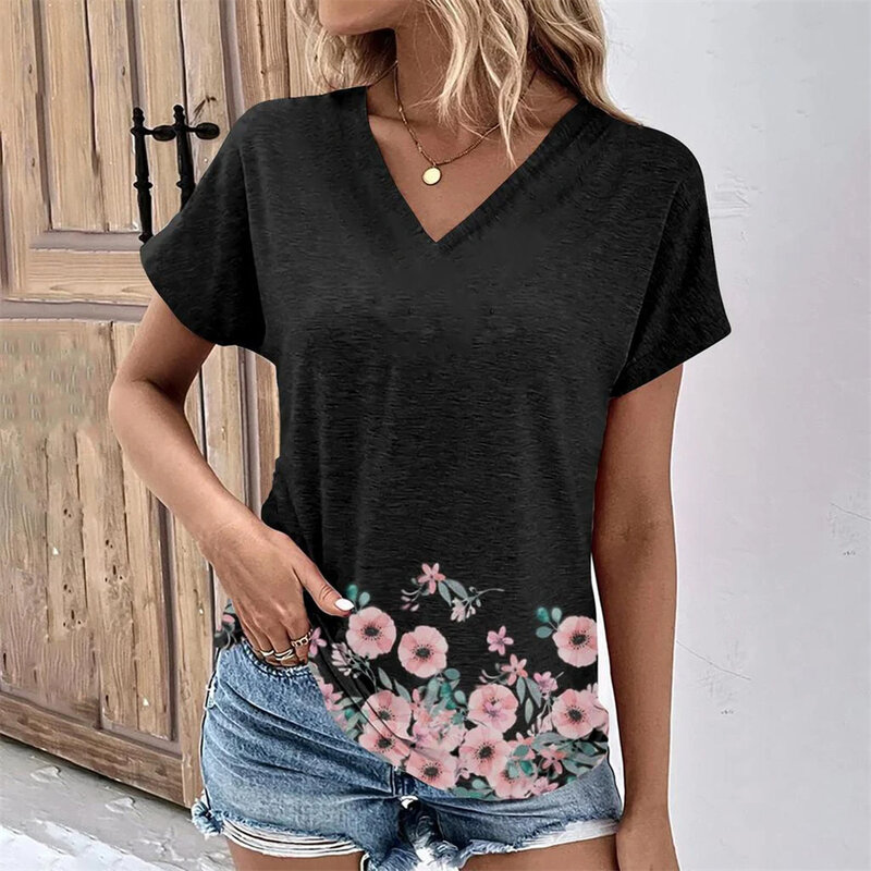 T-shirt manches courtes femme, décontracté, estival et à la mode, avec col en V et imprimé floral
