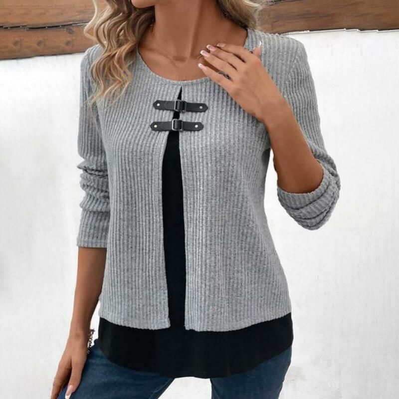 Women Top Knitted Two-piece Women's Blouse with Round Neck Buckle Decor Soft Color Matching Long Sleeve Top for Fall Spring Fake