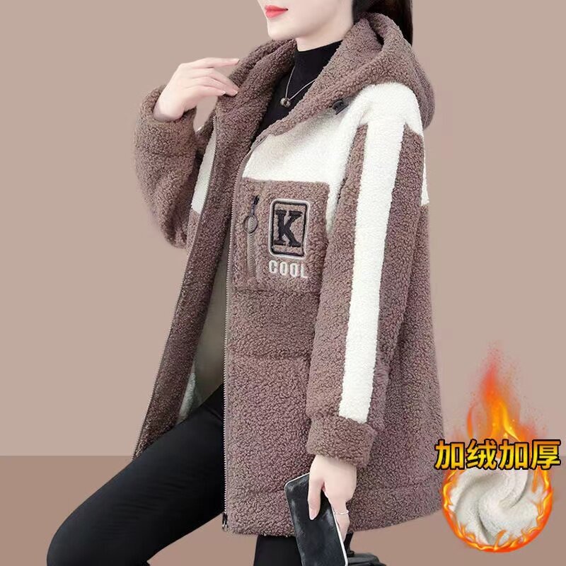 Abrigo de lana de cordero con capucha para mujer, chaqueta gruesa de lana Polar, holgada de talla grande, estilo coreano, otoño e invierno, novedad de 2024