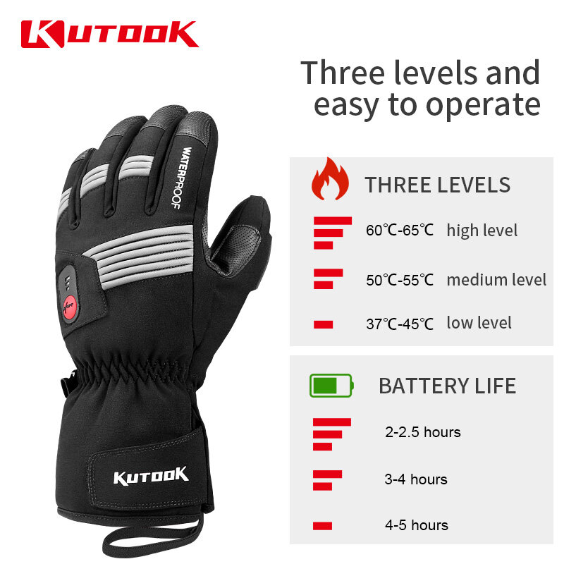 Kutook-電気加熱スキーグローブ、防水サーマルグローブ、タッチスクリーングローブ、バッテリー加熱手袋、スノーモービルアクセサリー、冬