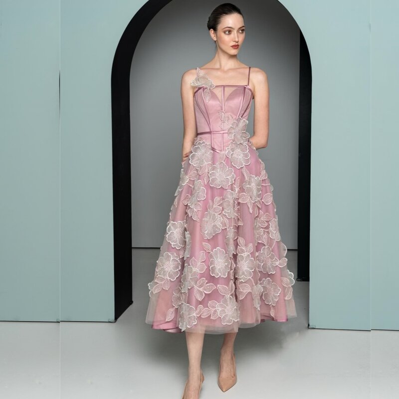 Tulle Flower Pleat Birthday A-line Strapless Bespoke Occasion Gown Midi Dresses