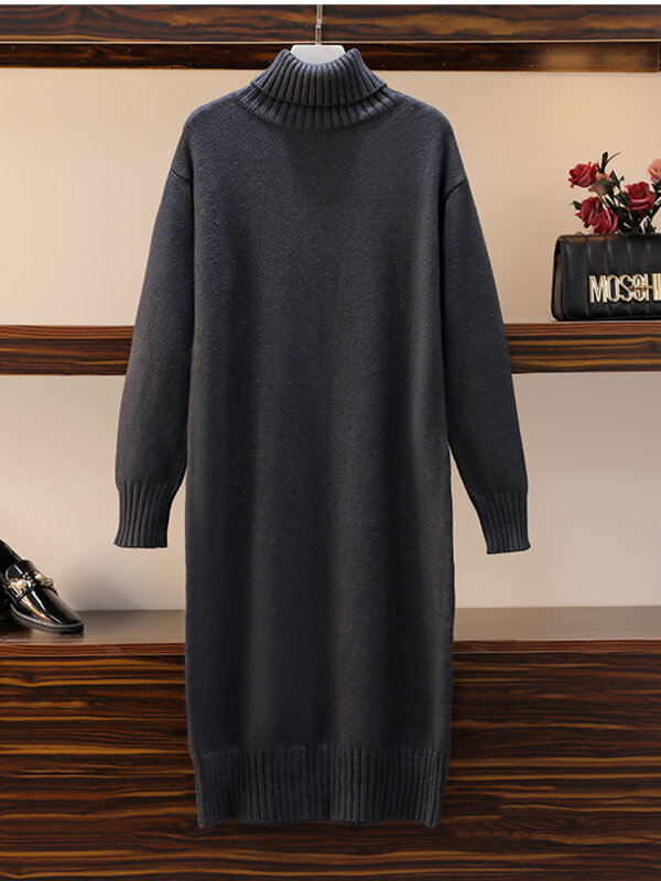 Вязаное платье осень-зима женский свободный длинный свитер пуловер Водолазка однотонный Повседневный женский