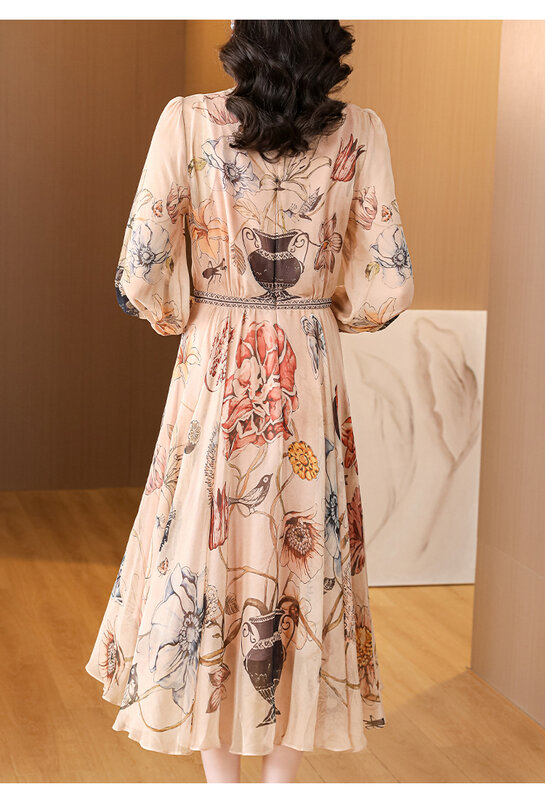2023 Autumn New Silk Flower Print Dress O-Neck Loose Large Size Slim Knee Length Long Sleeve Long Dress Beach Resort Style Robe