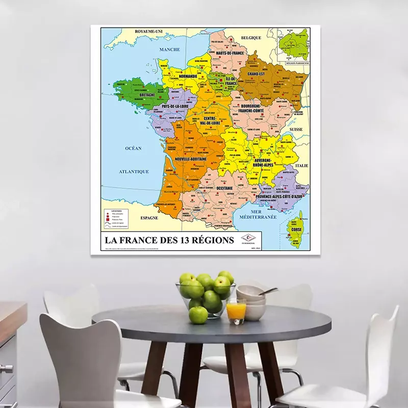 Póster de pared de 150x150cm, lienzo no tejido, impresión del mapa política de Francia, suministros para el aula, decoración del hogar