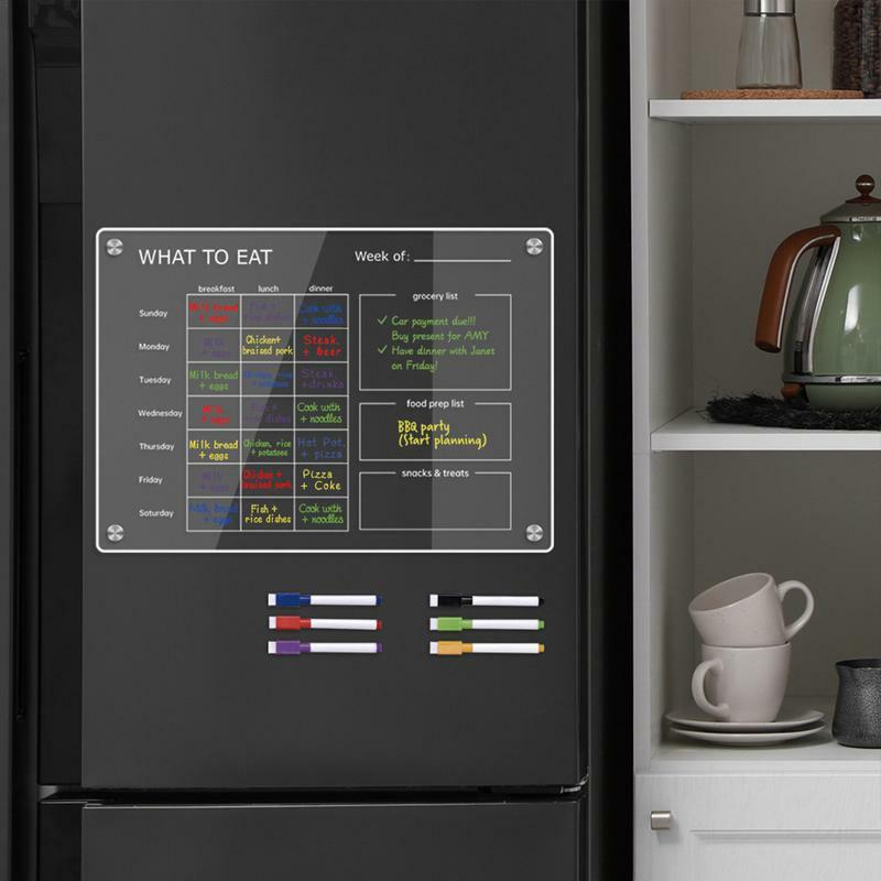 Kalender makanan untuk kulkas akrilik bening papan perencanaan makanan dengan 6 pena warna-warni dapat dihapus perencana makanan dan daftar belanja untuk