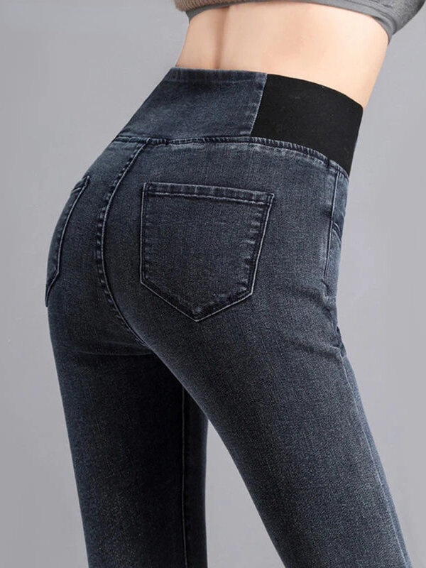 Jeans pensil pinggang tinggi wanita klasik Skinny kasual ukuran besar 38 celana Denim Streetwear celana panjang Vaqueros elastis