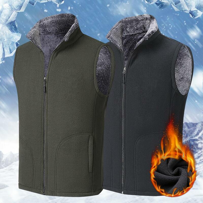 Rompi tanpa lengan pria, jaket musim dingin bulu tebal warna berdiri tetap hangat pelindung leher ukuran besar untuk pemakaian sehari-hari