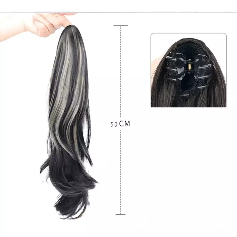Peruca longa encaracolada com clipe de garras para mulheres rabo de cavalo, extensões sintéticas de cabelo, natural, 35-50cm