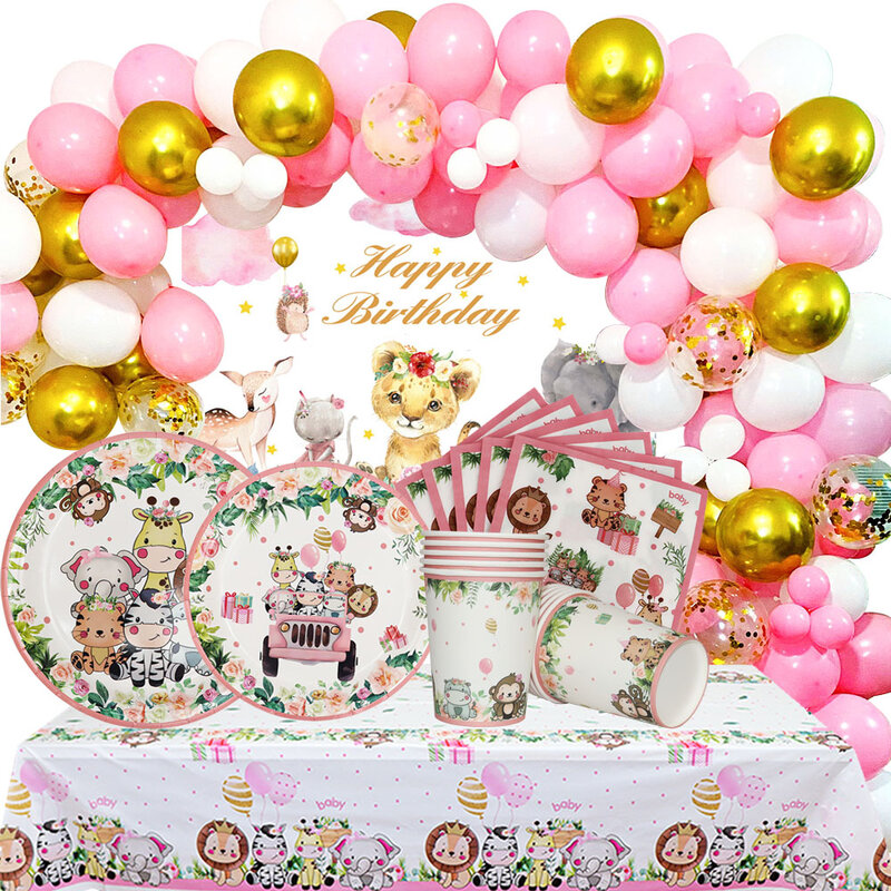 Różowe zwierzę z dżungli Safari dekoracja na imprezy tematyczne jednorazowe zastawy stołowe talerz balony dzieci dziewczyna dzika dekoracje na przyjęcie urodzinowe