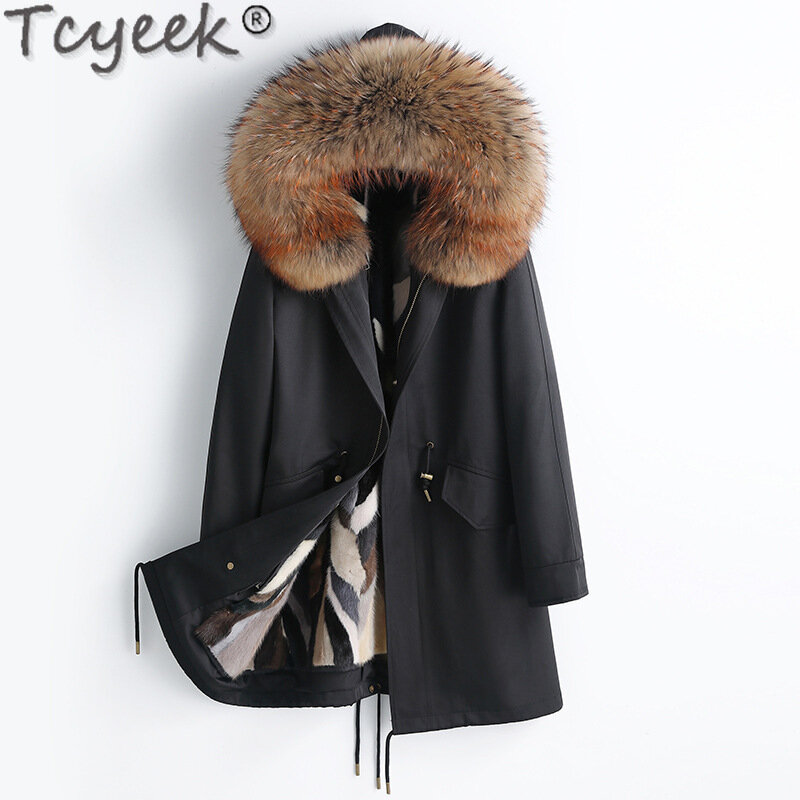Tcyek 남성용 진짜 밍크 모피 파카 겨울 재킷, 후드 패션, 따뜻한 여우 모피 칼라 코트