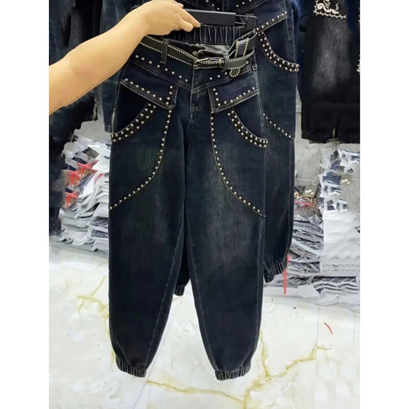 Jeans vintage de lavagem feminino, cravejado velho, perna larga, botão, indústria pesada, primavera, outono, novo, 2022