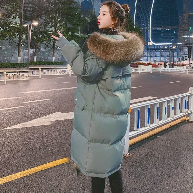 Jaket hoodie katun wanita, mantel longgar bertudung ukuran besar parka tebal versi panjang sedang Musim Dingin 2024