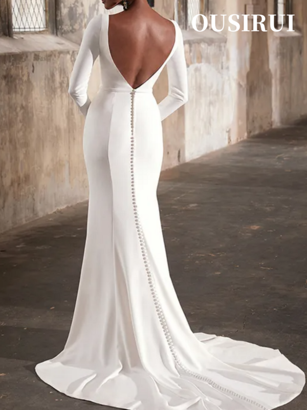 OUSIRUI-vestido de casamento branco plissado para mulheres, decote em v, sem costas, manga longa, romântico, simples, pescoço quadrado, botão de casamento