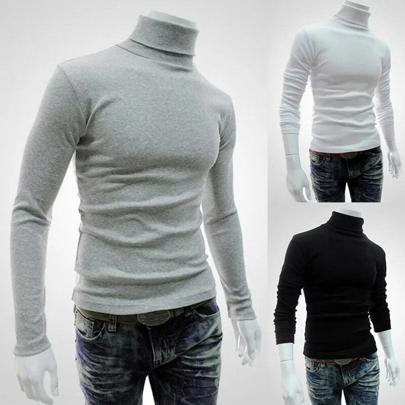 Soft Turtleneck Long Sleeve Men Knitted Autumn Solid Color Stretchy Shirt Pullover Winter for Winter