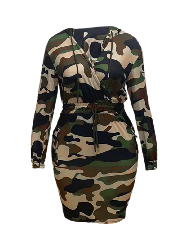 LW Plus Size Camo Print Side Autumn Dresses Pocket Cargo Long Sleeve Drawstring Dress Hooded Collar Pullover Dresses
