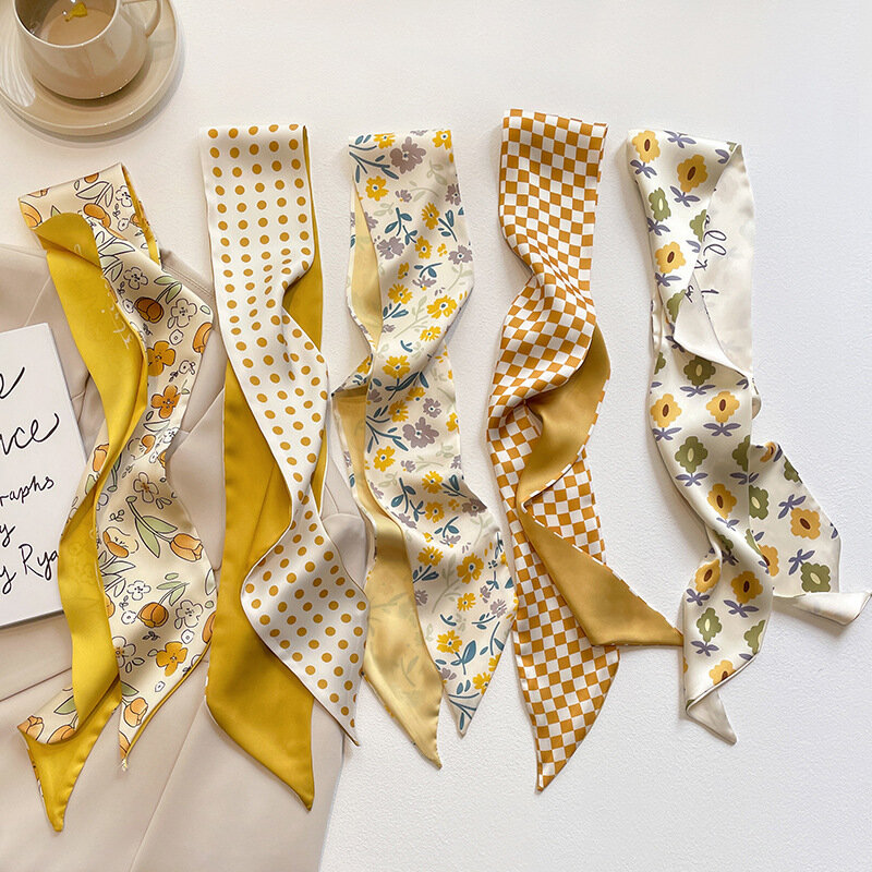 Foulard long en soie jaune et blanche pour femme, ruban étroit, cravate pour cheveux, décoration de sac, printemps et été, haut de gamme