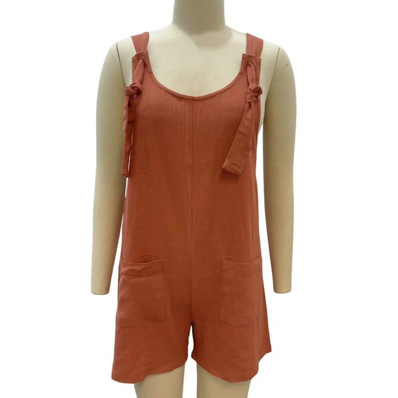 Romper U Neck Adjustable Lace-up Strap Sleeveless Pockets Loose Straight Beach Above Knee Length Short One-piece Romper