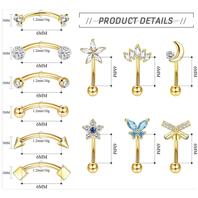 1Pcs 16G Eyebrow Rings Eyebrow Piercing Jewelry Curved Barbell Surgical Stainless Steel Belly Ring Lip Rings Daith Rook Earrings