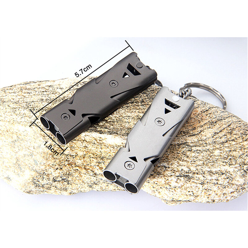 Outdoor Survival Stainless Steel Double Pipe High Decibel Whistle Keychain