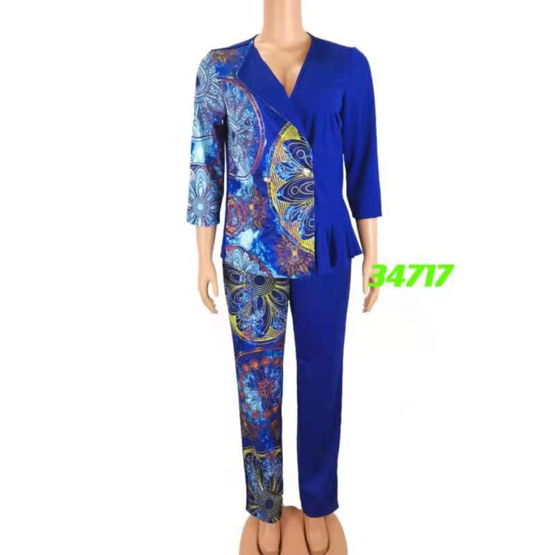 Europe and The United States New African Women's Plus-size Mother Dress Printed Long Coat Trousers Two-piece Suit ML101Q43