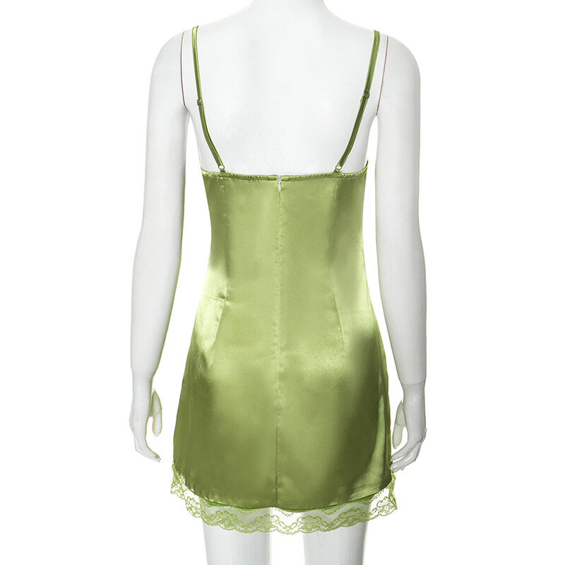 2024 gaun Mini renda model tambal sulam gaun hijau mode musim panas gaun pesta malam tali Spaghetti pakaian klub wanita gaun malam