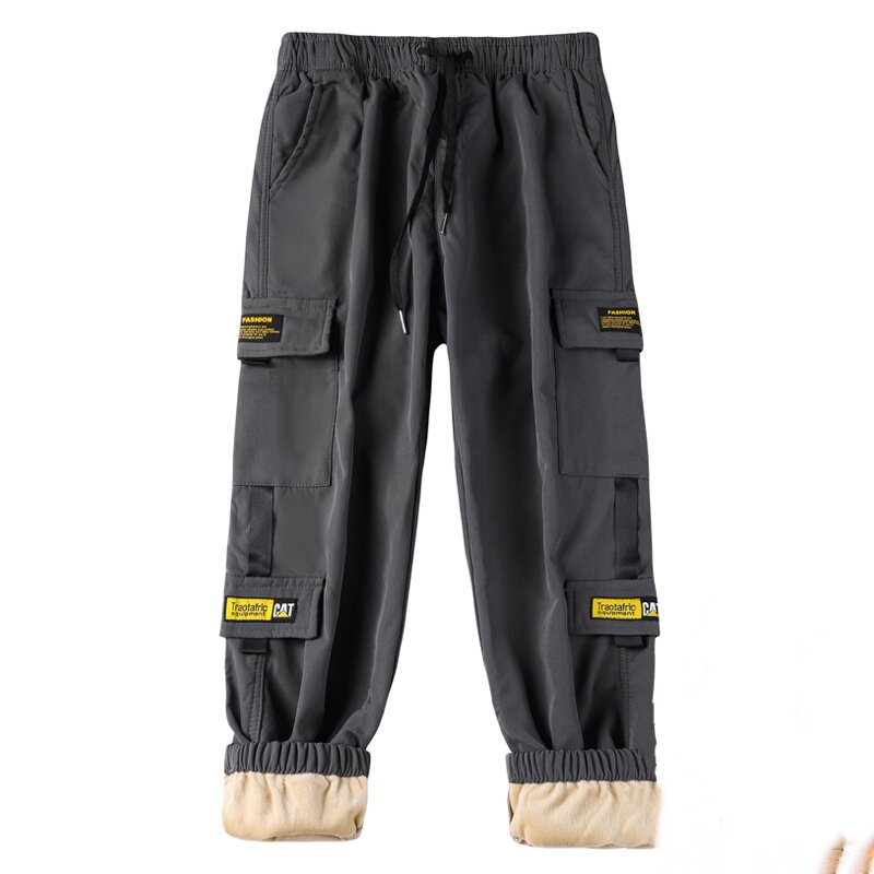CUMUKKIYP Thickened Fleece Cargo Pants for Men with Drawstring Waist Pockets and Cuffed Legs