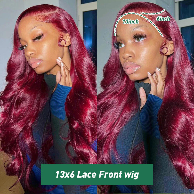 Perruque Lace Front Wig Body Wave Naturelle, Cheveux Humains, Couleur Rouge Bordeaux 99J, Pre-Plucked, pour Femme