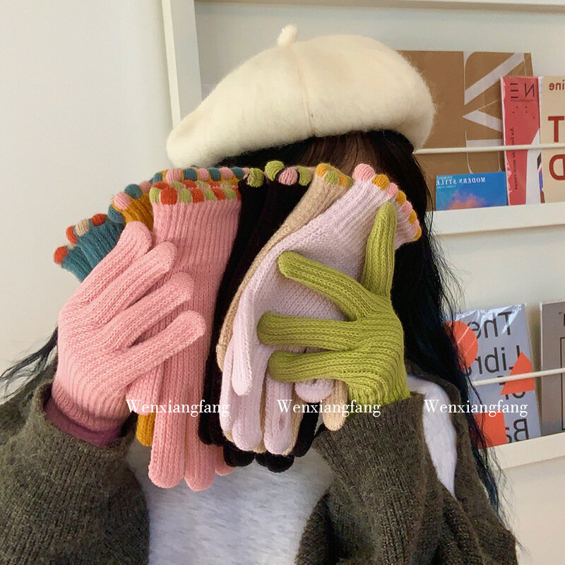 Guanti lavorati a maglia con Touch Screen da donna inverno caldo addensato per lo sci equitazione Solid Full Finger Fashion Y2K Harajuku Kawaii Mittens
