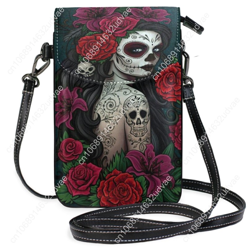 New Mini Mobile Phone Bag PU Floral Sugar Skull Design Woman Gothic Pu Coin Purse Cross Shoulder Bags Bolsa Mujer Feminina