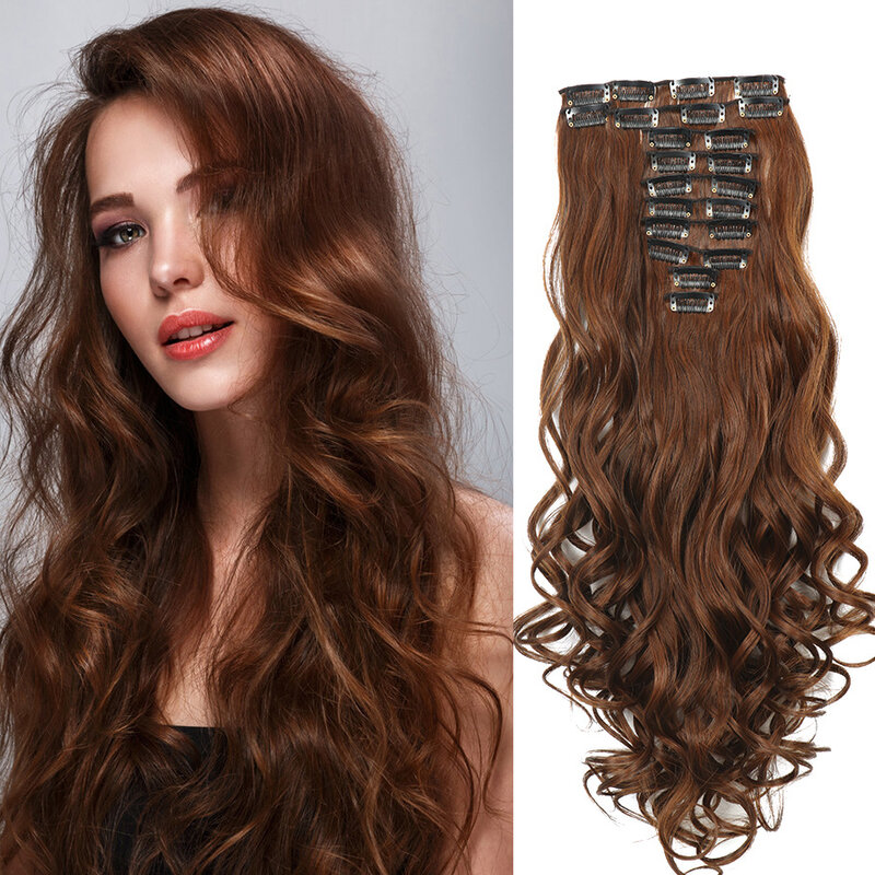 Synthetic Clip In Hair Extensions 12Pcs/Set 22inch Hairpiece 180g Body Wave 22 Clips Ins Seamless Invisible Heat Resistant Fibre