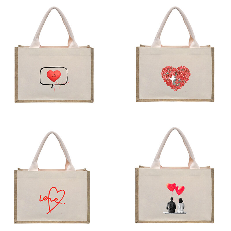 حقيبة حمل كتان من سلسلة حب النساء ، حقيبة يد بسعة كبيرة ، حقيبة تخزين ، منظم ، حقيبة تسوق ، نمط