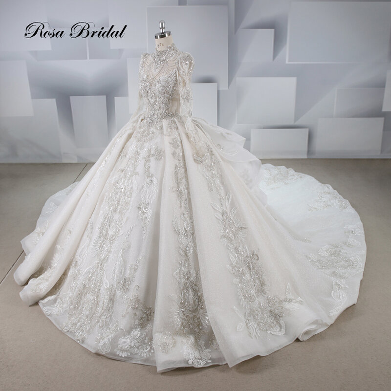 Cristal Beading Lace Applique, vestido de casamento luxuoso, trem real