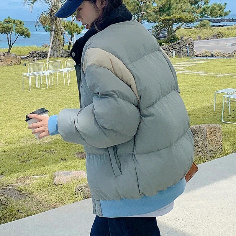 Damskie parki zimowe w koreańskim stylu moda uliczna mody Gidyq luźny, gruby ciepła ocieplana kurtka na co dzień, damskie, patchworkowe wszystkie dopasowane puchowe kurtki
