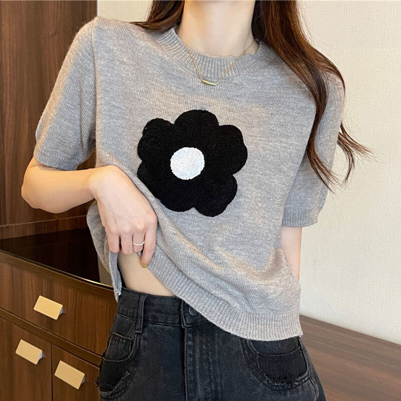 T-shirt en tricot à manches courtes pour femmes, t-shirts tricotés à col rond, pull décontracté, mode coréenne florale, été
