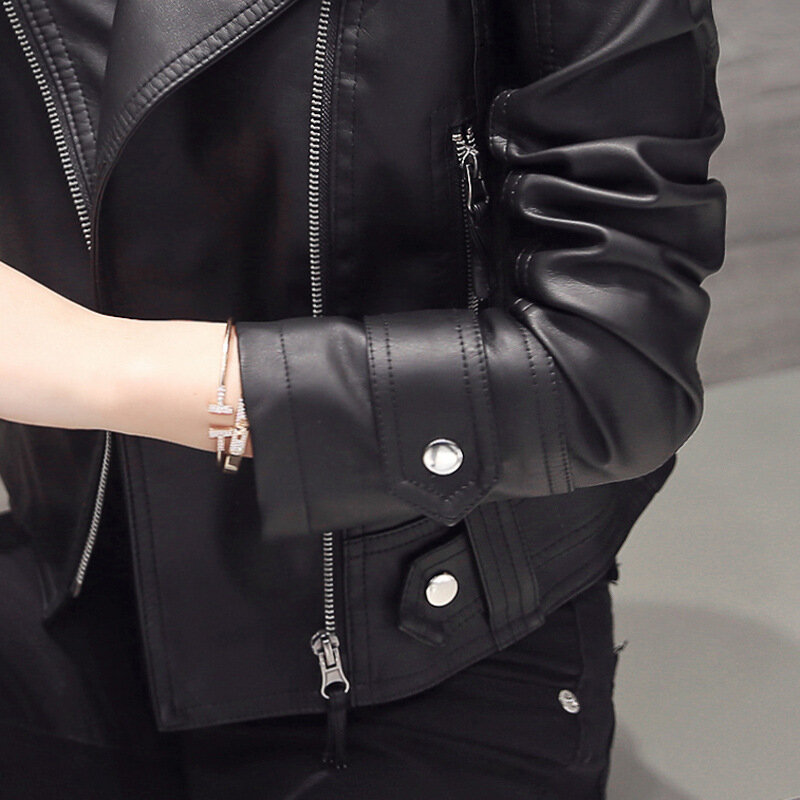 Abrigo corto de cuero para mujer, chaqueta de motocicleta negra delgada coreana, prendas de vestir exteriores con cremallera, Otoño e Invierno