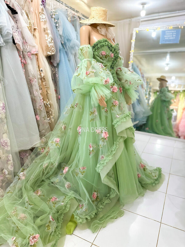 Wiosenna wróżka zielona sukienka urodzinowa z odkrytymi ramionami wieczorowa suknia ślubna suknie Cosplay z kwiatkiem do sesji zdjęciowej