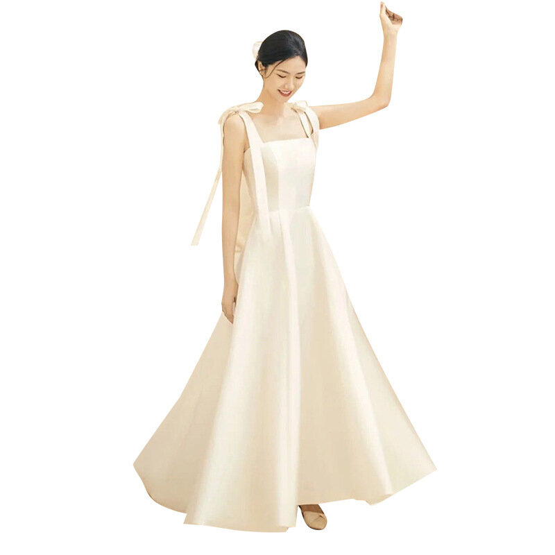 Sweet Bow Spaghetti Straps Korean Wedding Dress Soft Satin Wedding Dresses For Woman Simple Square Collar Brides Wedding Dresses