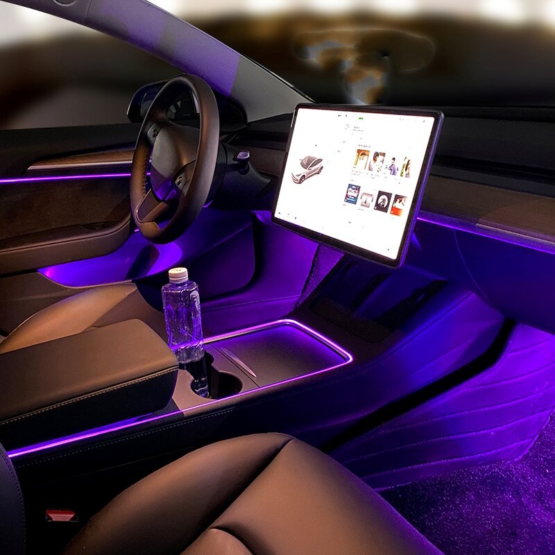 جديد تسلا نموذج 3 Y الداخلية RGB النيون المحيطة أضواء السيارة وحدة التحكم المركزية لوحة القدم جيدا الإضاءة APP التحكم LED قطاع الخفيفة