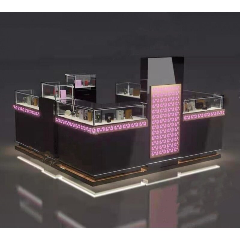 Kiosco de perfume personalizado de alta gama, escaparate con luz para exhibición de joyería de madera, diseño de quiosco de vidrio, exhibición de perfume 3D para centro comercial de lujo