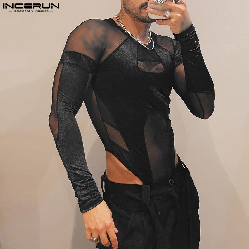 2024 Herren Bodys Mesh Patchwork O-Ausschnitt Langarm Fitness männliche Stram pler transparente Mode sexy Bodysuit Männer S-3XL Incerun
