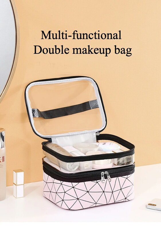 Tas Kosmetik Ganda Multifungsi Portabel Kasus Makeup Wanita Bening Kapasitas Besar Travel Organizer Makeup Perlengkapan Mandi Penyimpanan Kecantikan