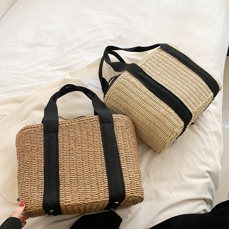 Tas anyaman rotan tas kurir bahu tunggal baru tas penggunaan ganda tas perjalanan jerami wanita
